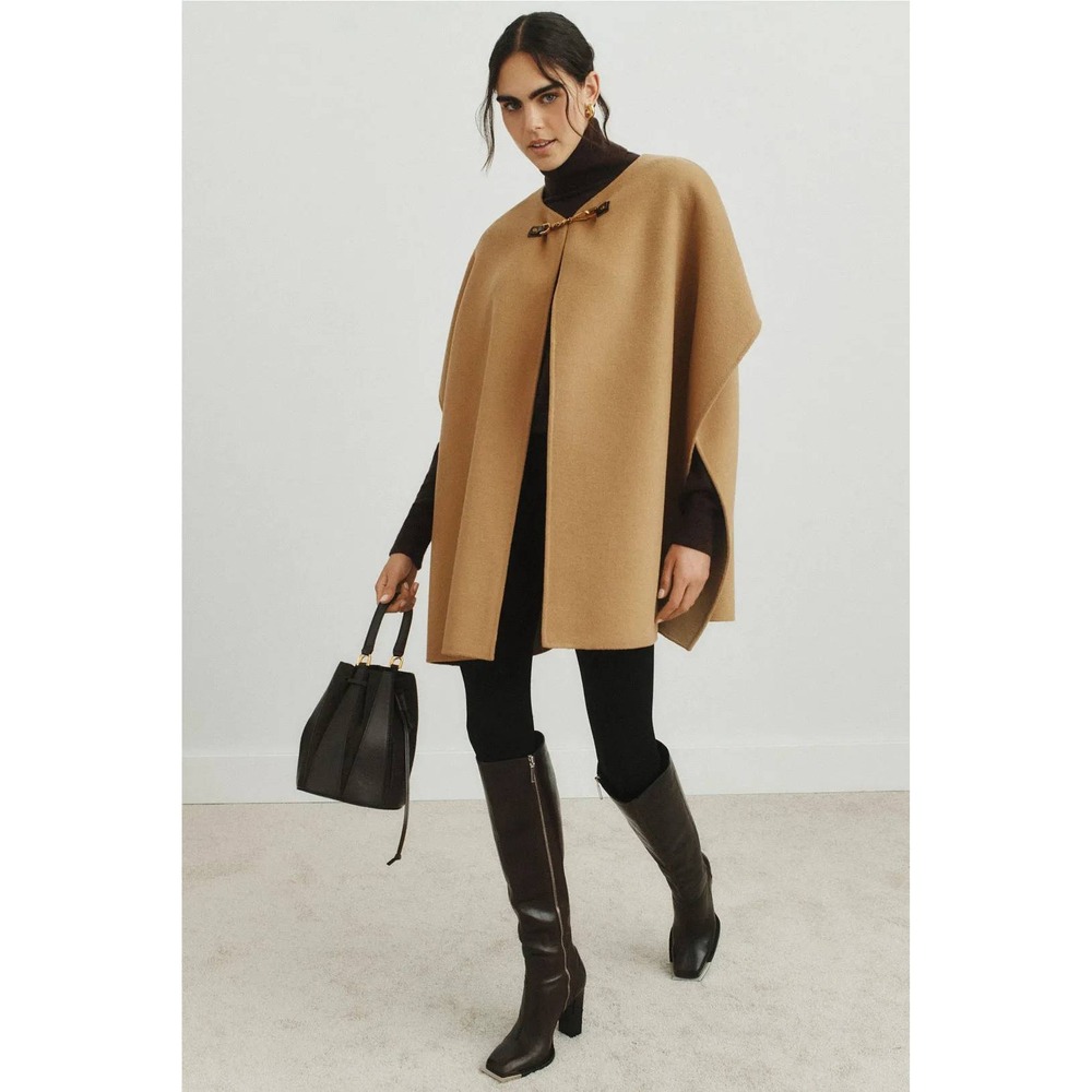 Michael Michael Kors Camel Wool Blend Cape Gold Chain Toggle Poncho One Size
